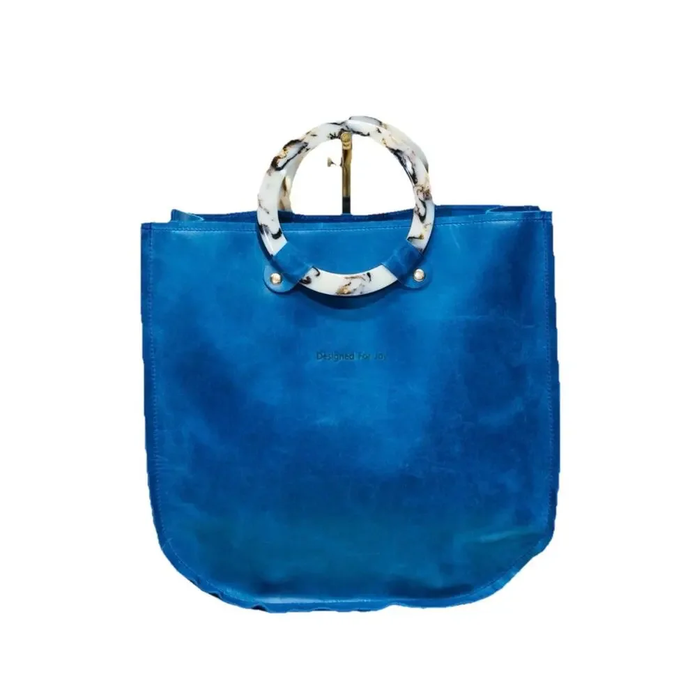 Designed for Joy Leather Handbag With Circle Handles, Baltic Blue, Medium